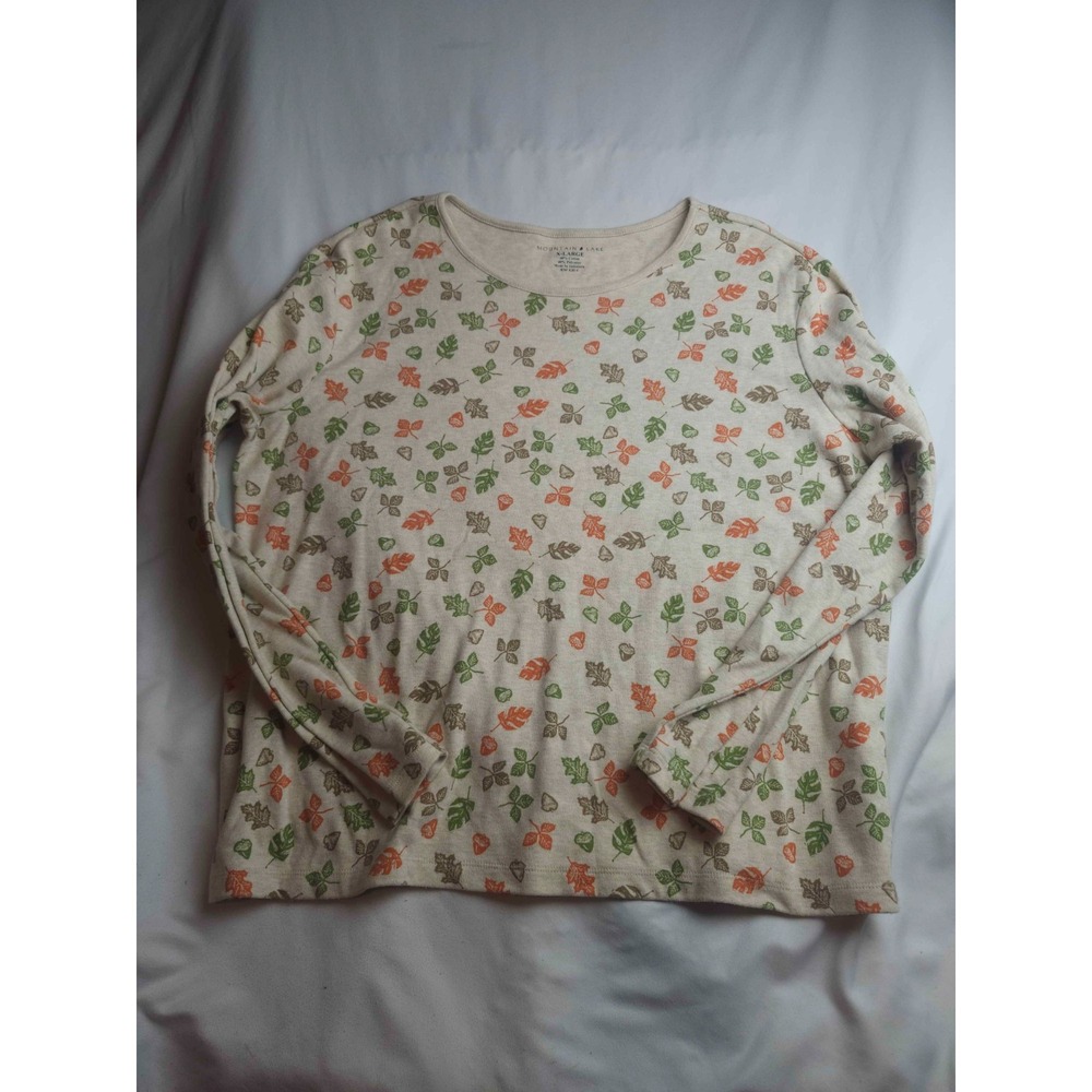Mountain Lake Top Womens XL Beige Leaf Print Autumn Boho Chic Cottagecore Indie
